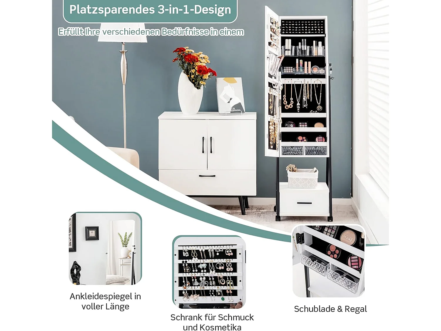 JV10221WHDE Sieradenkast met spiegel sieradenspiegelkast afsluitbaar op wieltjes vrijstaand 42 x 38 x 157 cmVH32443