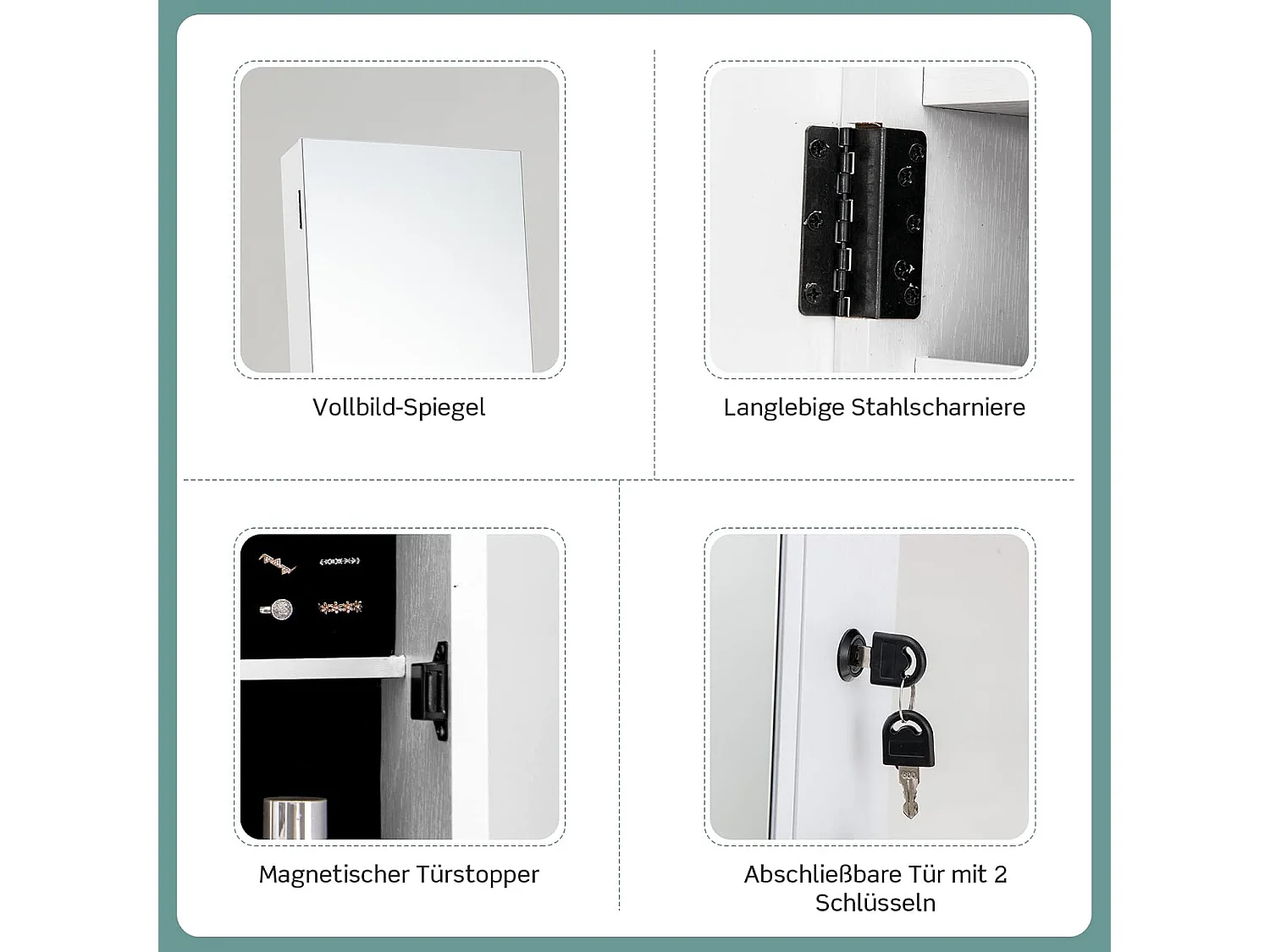 JV10221WHDE Sieradenkast met spiegel sieradenspiegelkast afsluitbaar op wieltjes vrijstaand 42 x 38 x 157 cmVH32443