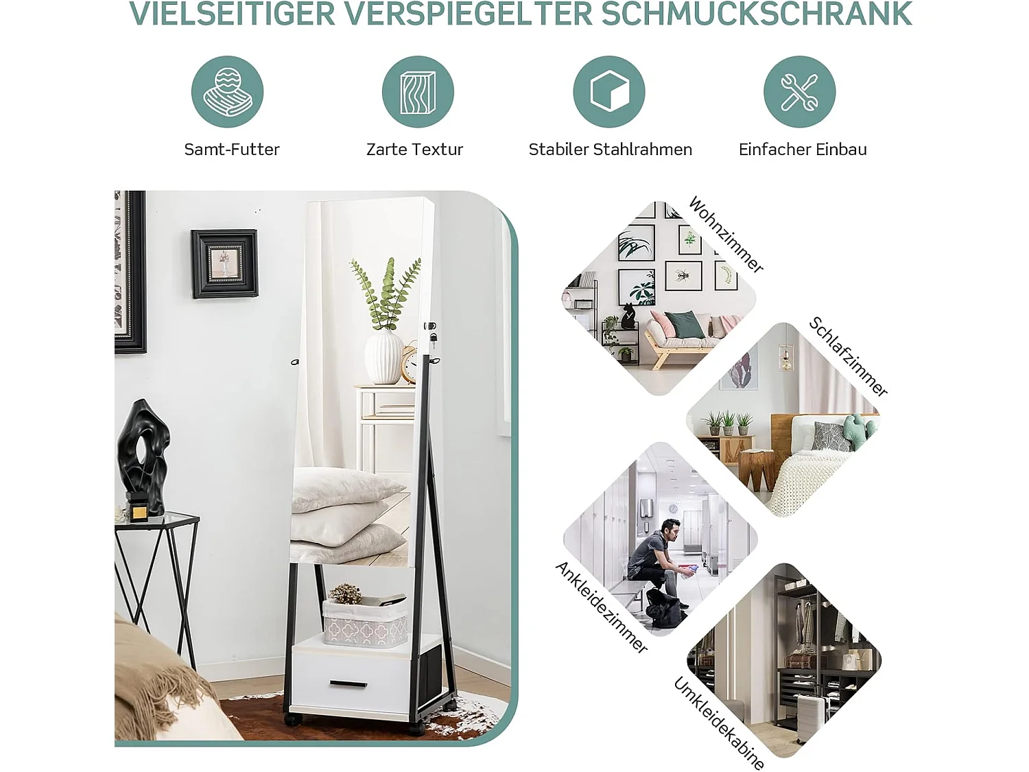 JV10221WHDE Sieradenkast met spiegel sieradenspiegelkast afsluitbaar op wieltjes vrijstaand 42 x 38 x 157 cmVH32443