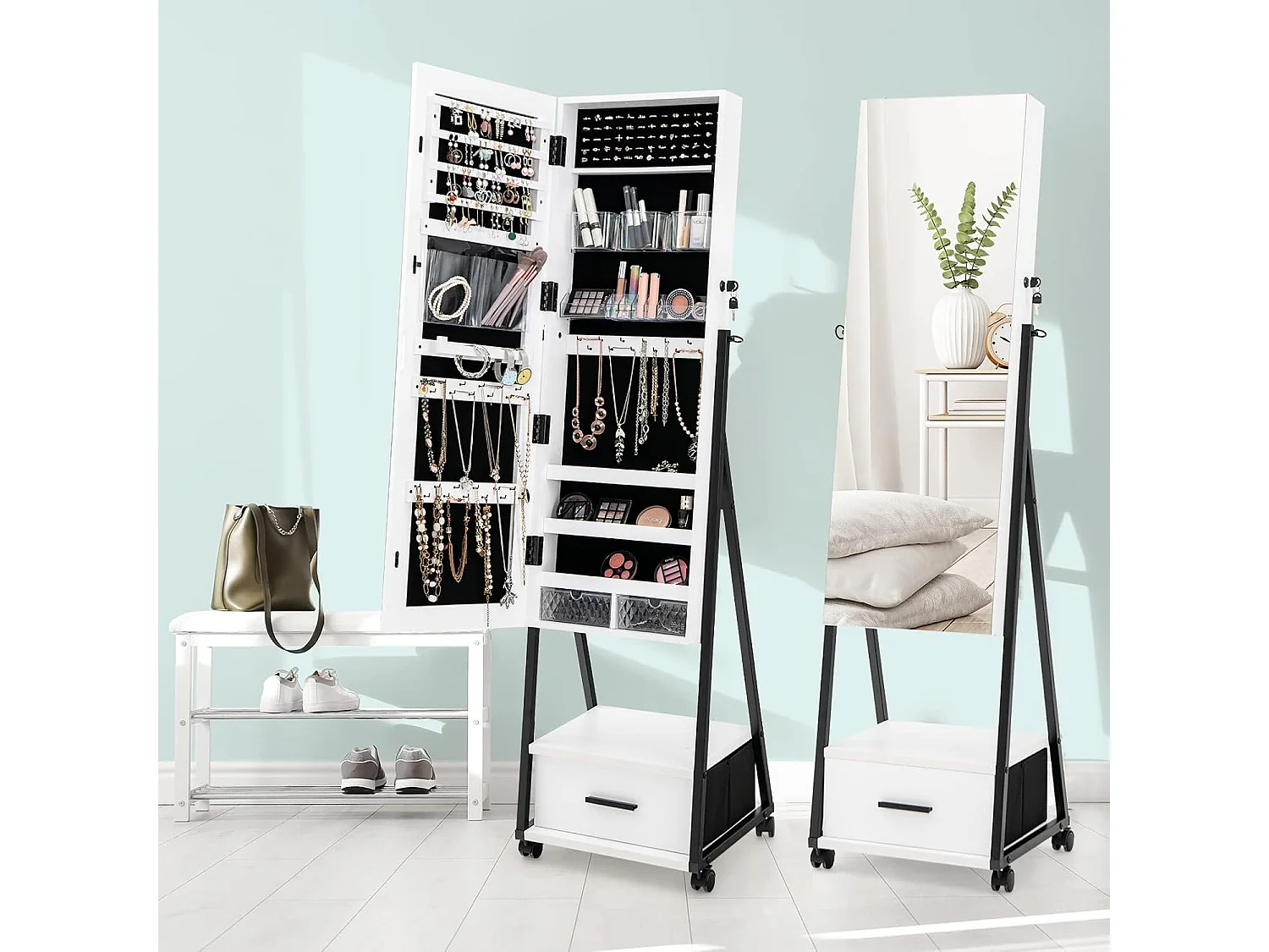 JV10221WHDE Sieradenkast met spiegel sieradenspiegelkast afsluitbaar op wieltjes vrijstaand 42 x 38 x 157 cmVH32443