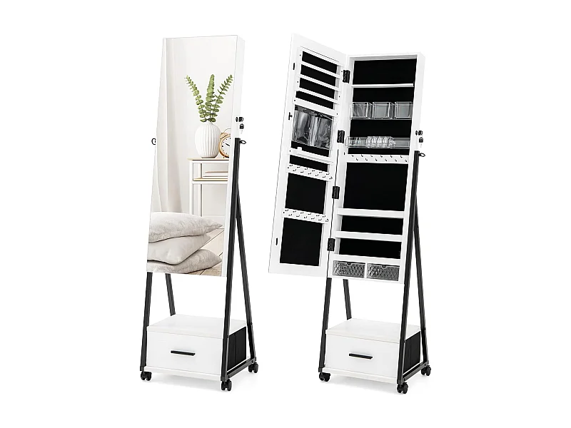 JV10221WHDE Sieradenkast met spiegel sieradenspiegelkast afsluitbaar op wieltjes vrijstaand 42 x 38 x 157 cmVH32443
