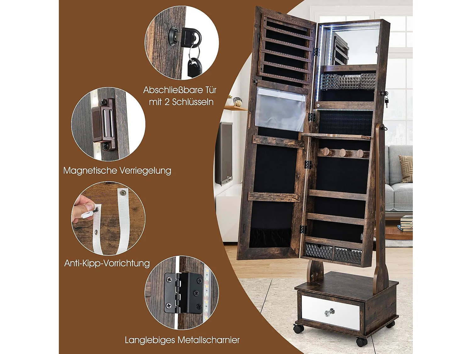 Sieradenkast met 3 spiegels, verstelbare sieradenspiegel met lade,spiegelkast, sieraden, afsluitbaar,oorbellen, make-up, 42 x 35 x 159 cm (rustiek bruin)VH33455