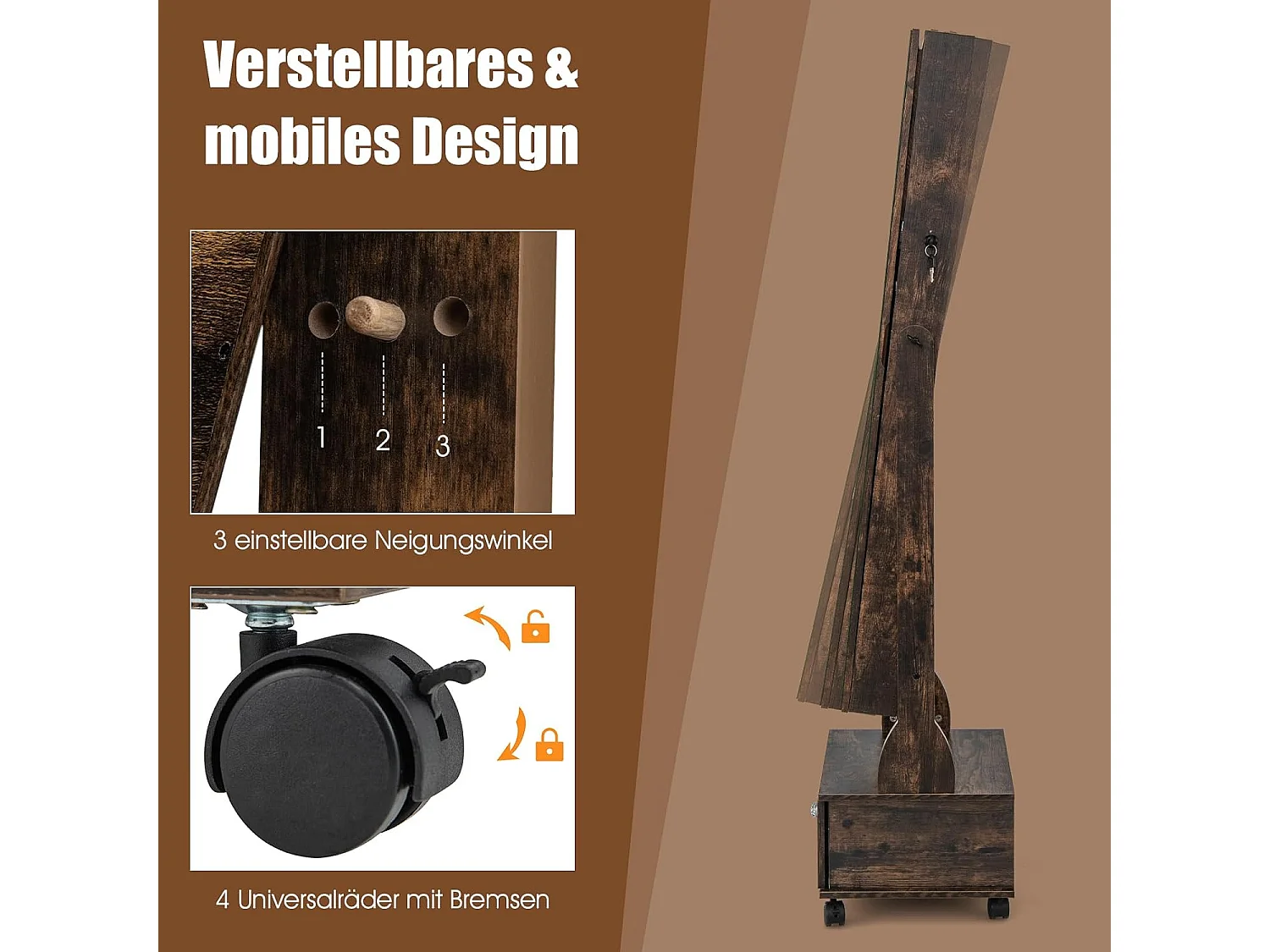 Sieradenkast met 3 spiegels, verstelbare sieradenspiegel met lade,spiegelkast, sieraden, afsluitbaar,oorbellen, make-up, 42 x 35 x 159 cm (rustiek bruin)VH33455