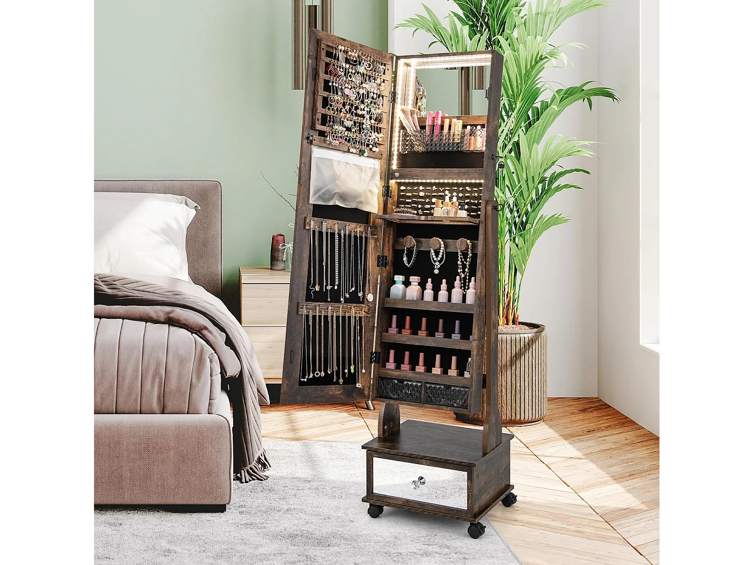 Sieradenkast met 3 spiegels, verstelbare sieradenspiegel met lade,spiegelkast, sieraden, afsluitbaar,oorbellen, make-up, 42 x 35 x 159 cm (rustiek bruin)VH33455