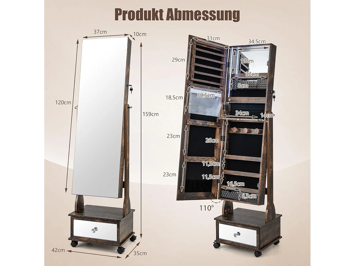 Sieradenkast met 3 spiegels, verstelbare sieradenspiegel met lade,spiegelkast, sieraden, afsluitbaar,oorbellen, make-up, 42 x 35 x 159 cm (rustiek bruin)VH33455