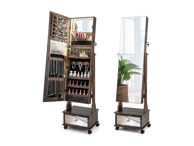 Sieradenkast met 3 spiegels, verstelbare sieradenspiegel met lade,spiegelkast, sieraden, afsluitbaar,oorbellen, make-up, 42 x 35 x 159 cm (rustiek bruin)VH33455