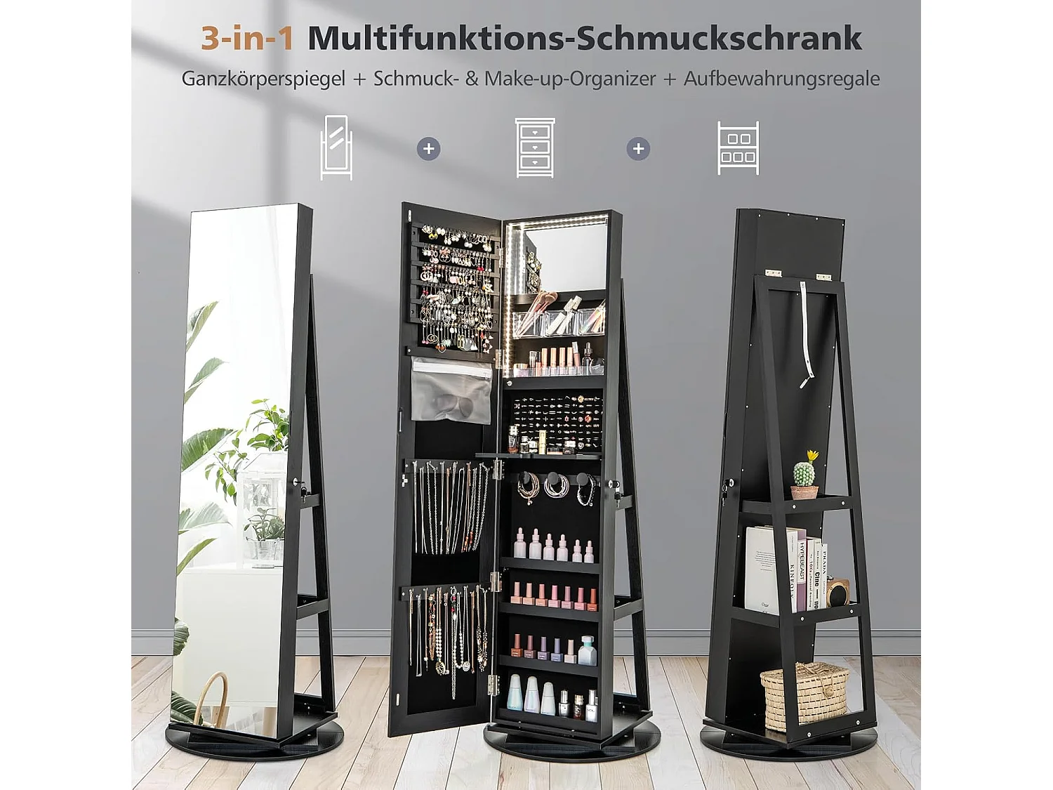 Sieradenkast met led, spiegelkast, 360 graden draaibaar, met frameloze full-body spiegel, sieradenorganizer afsluitbaar, sieradenopslag (zwart)VH32652