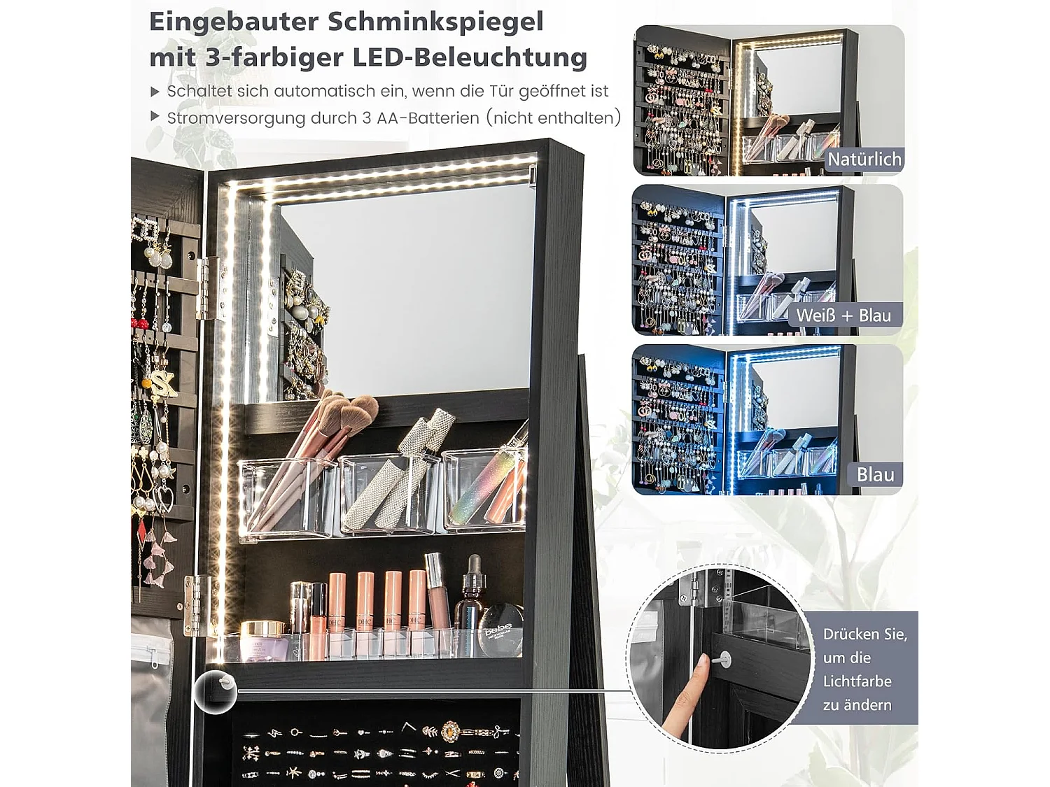 Sieradenkast met led, spiegelkast, 360 graden draaibaar, met frameloze full-body spiegel, sieradenorganizer afsluitbaar, sieradenopslag (zwart)VH32652