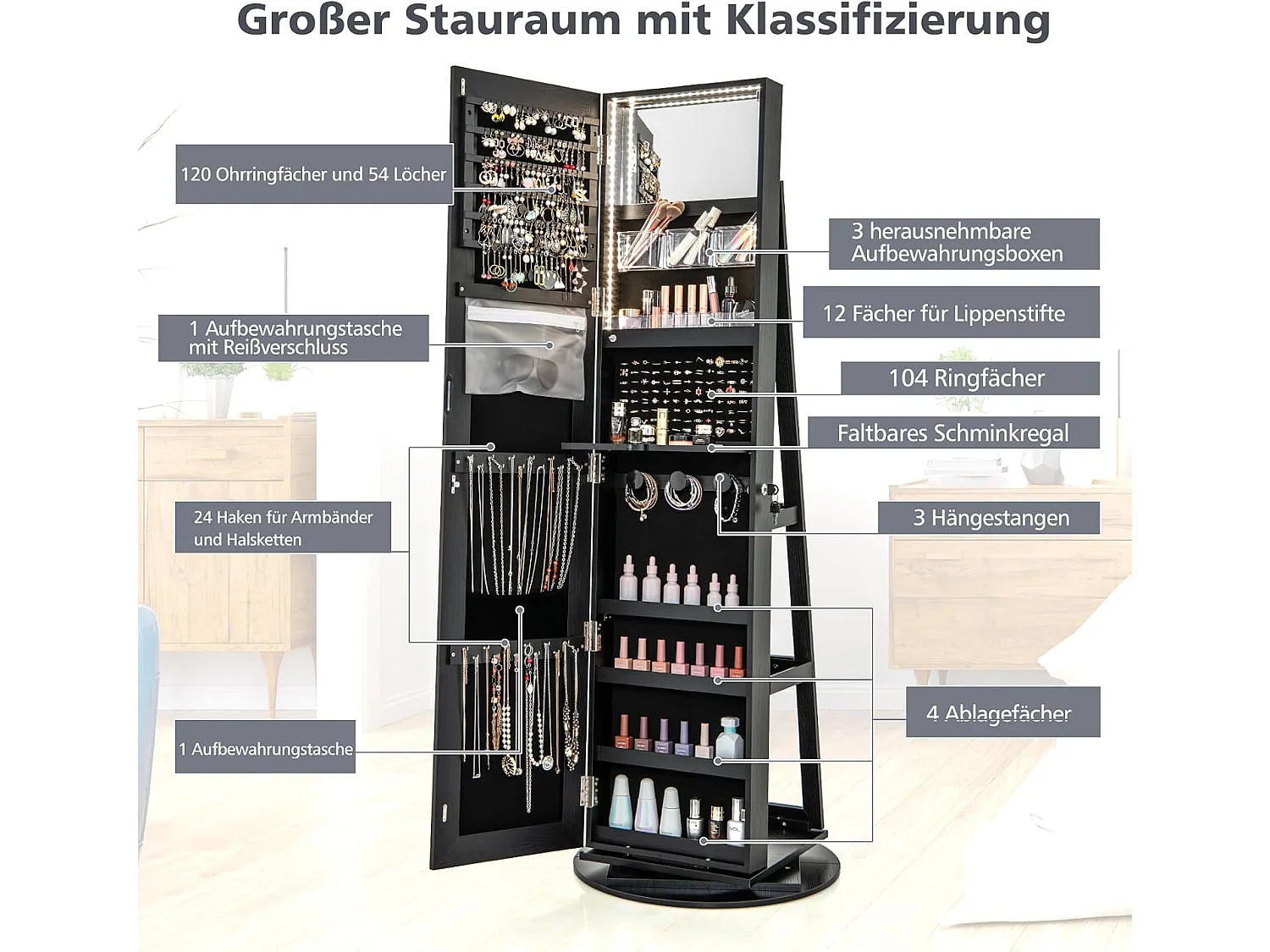 Sieradenkast met led, spiegelkast, 360 graden draaibaar, met frameloze full-body spiegel, sieradenorganizer afsluitbaar, sieradenopslag (zwart)VH32652