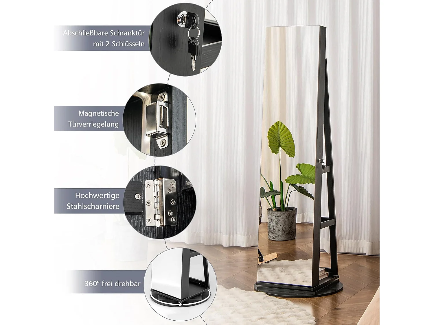 Sieradenkast met led, spiegelkast, 360 graden draaibaar, met frameloze full-body spiegel, sieradenorganizer afsluitbaar, sieradenopslag (zwart)VH32652