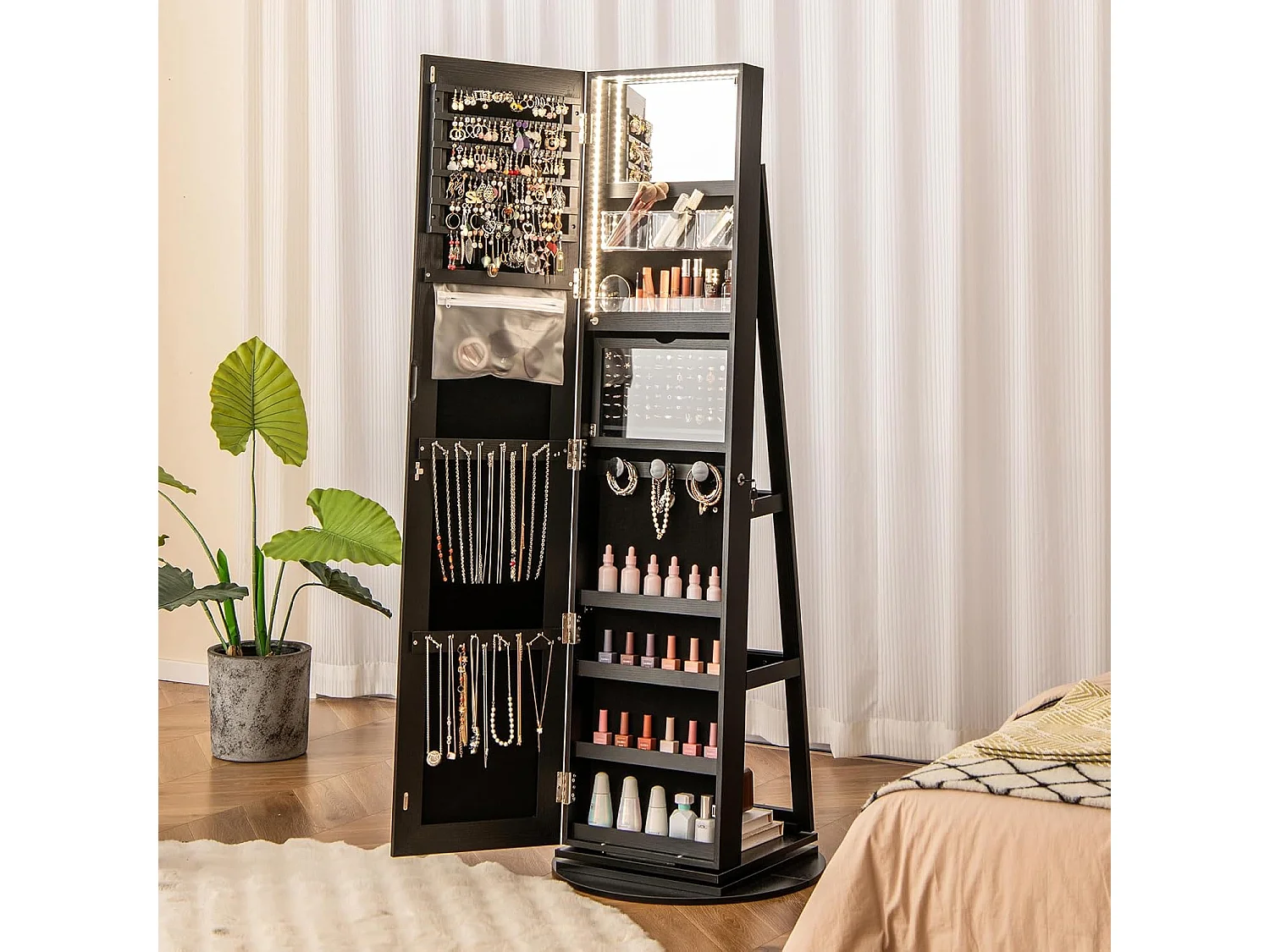 Sieradenkast met led, spiegelkast, 360 graden draaibaar, met frameloze full-body spiegel, sieradenorganizer afsluitbaar, sieradenopslag (zwart)VH32652