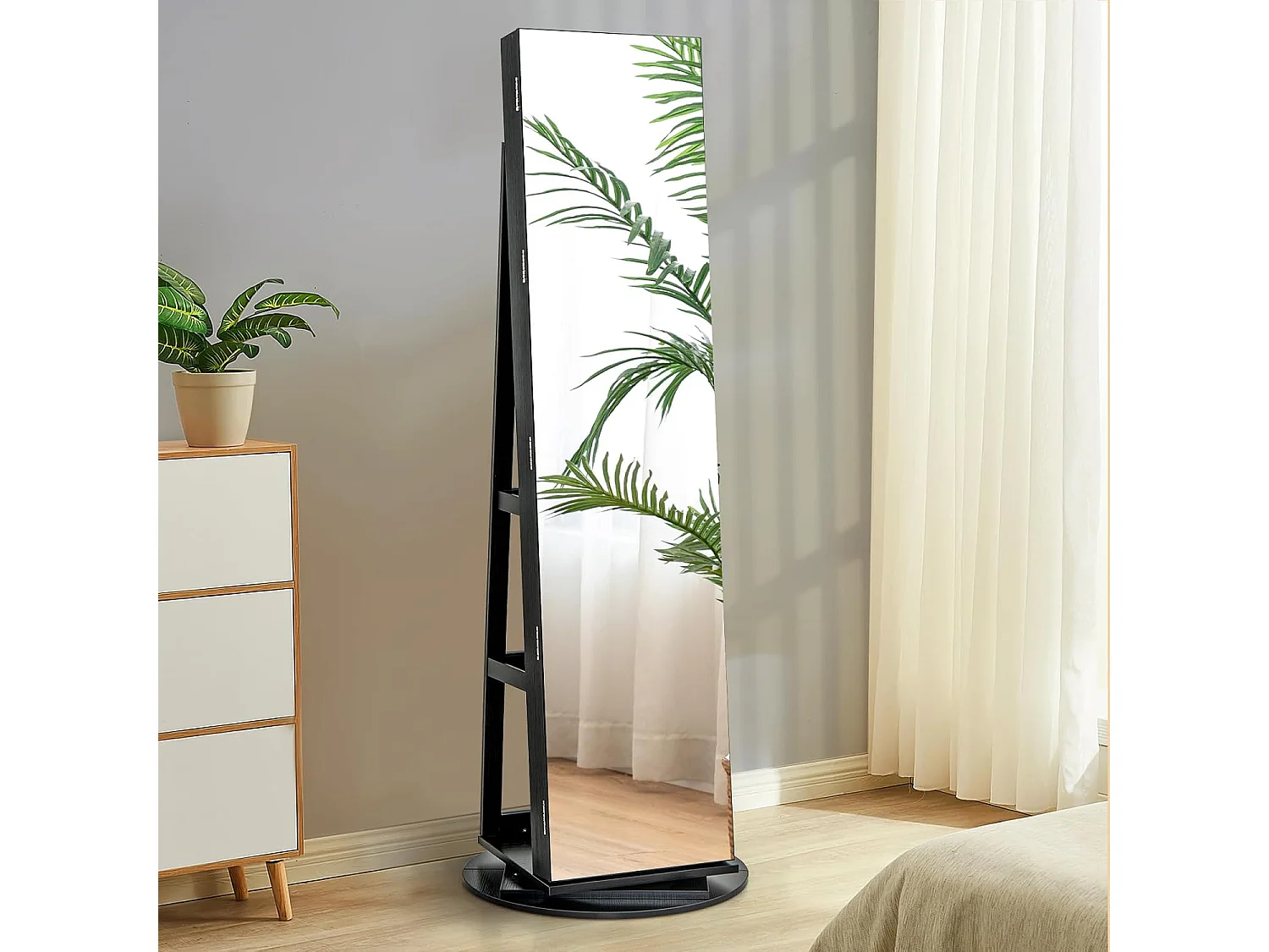 Sieradenkast met led, spiegelkast, 360 graden draaibaar, met frameloze full-body spiegel, sieradenorganizer afsluitbaar, sieradenopslag (zwart)VH32652