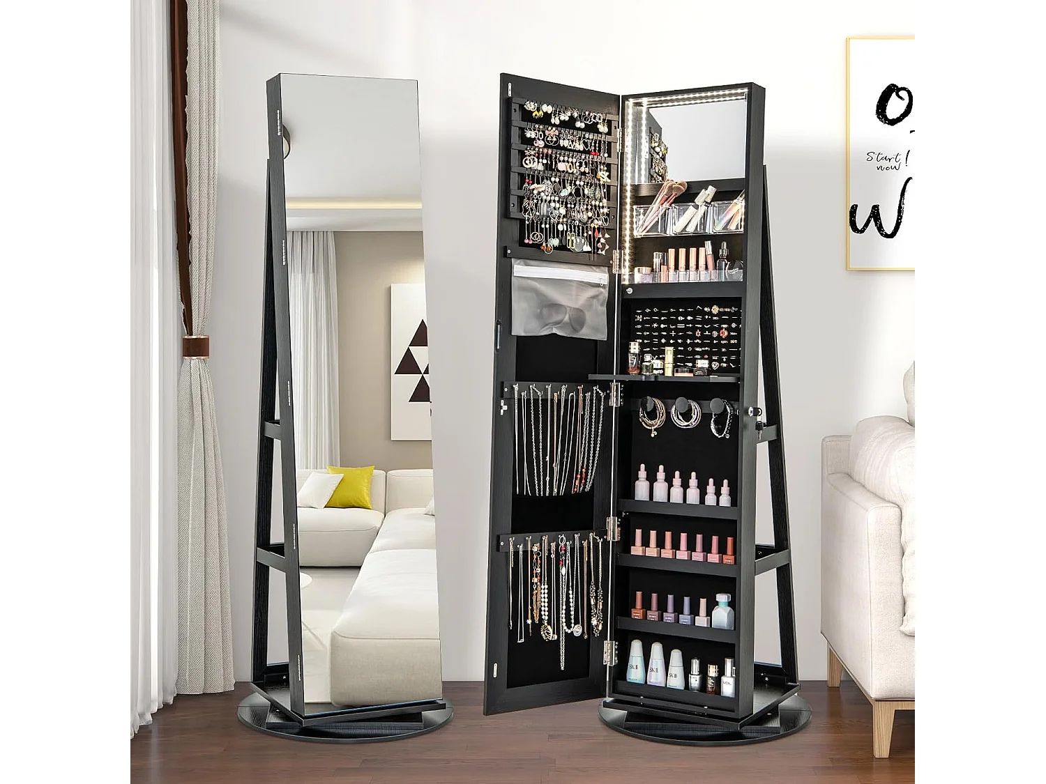 Sieradenkast met led, spiegelkast, 360 graden draaibaar, met frameloze full-body spiegel, sieradenorganizer afsluitbaar, sieradenopslag (zwart)VH32652
