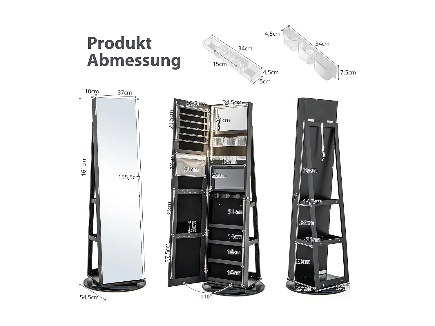 Sieradenkast met led, spiegelkast, 360 graden draaibaar, met frameloze full-body spiegel, sieradenorganizer afsluitbaar, sieradenopslag (zwart)VH32652