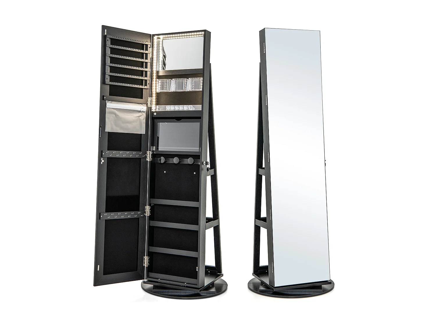 Sieradenkast met led, spiegelkast, 360 graden draaibaar, met frameloze full-body spiegel, sieradenorganizer afsluitbaar, sieradenopslag (zwart)VH32652