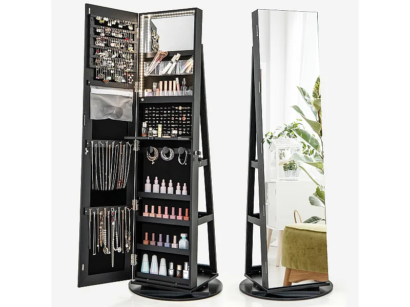 Sieradenkast met led, spiegelkast, 360 graden draaibaar, met frameloze full-body spiegel, sieradenorganizer afsluitbaar, sieradenopslag (zwart)VH32652