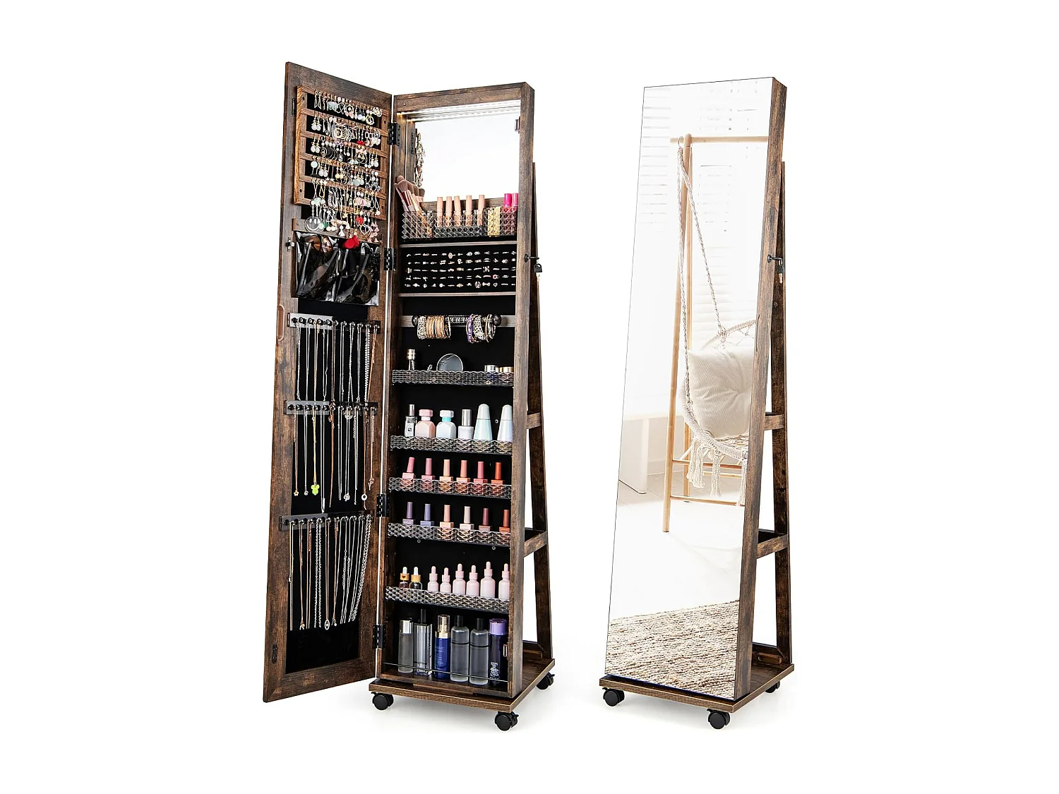 Sieradenkast met wieltjes, spiegelkast, afsluitbaar met ledlampen en verstelbare planken, staande spiegel, sieradenrek,voor kettingen,make-up, rustiek bruinVH33467