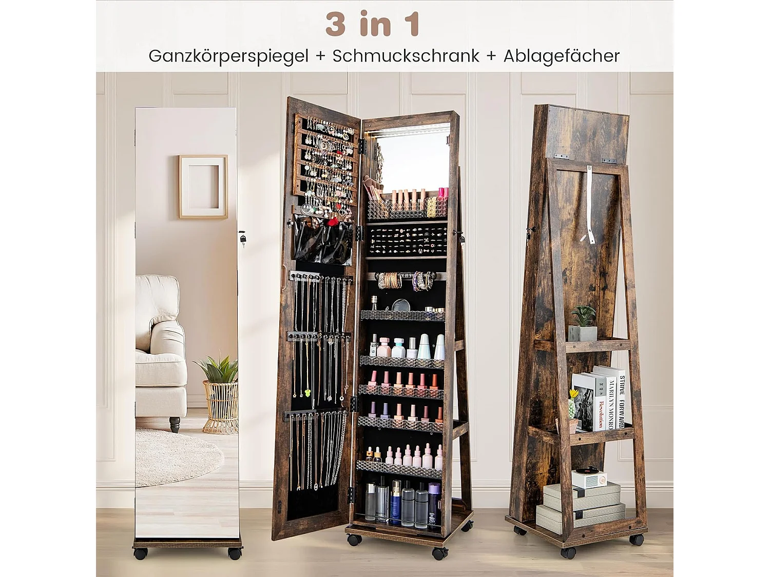 Sieradenkast met wieltjes, spiegelkast, afsluitbaar met ledlampen en verstelbare planken, staande spiegel, sieradenrek,voor kettingen,make-up, rustiek bruinVH33467