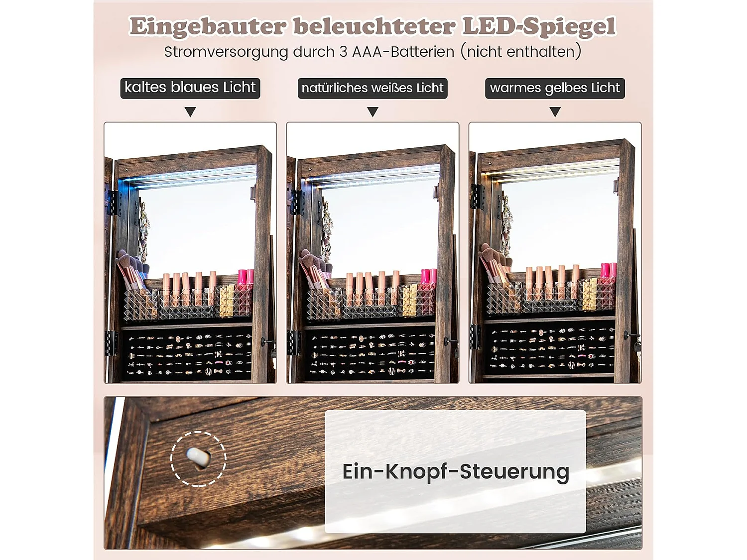 Sieradenkast met wieltjes, spiegelkast, afsluitbaar met ledlampen en verstelbare planken, staande spiegel, sieradenrek,voor kettingen,make-up, rustiek bruinVH33467