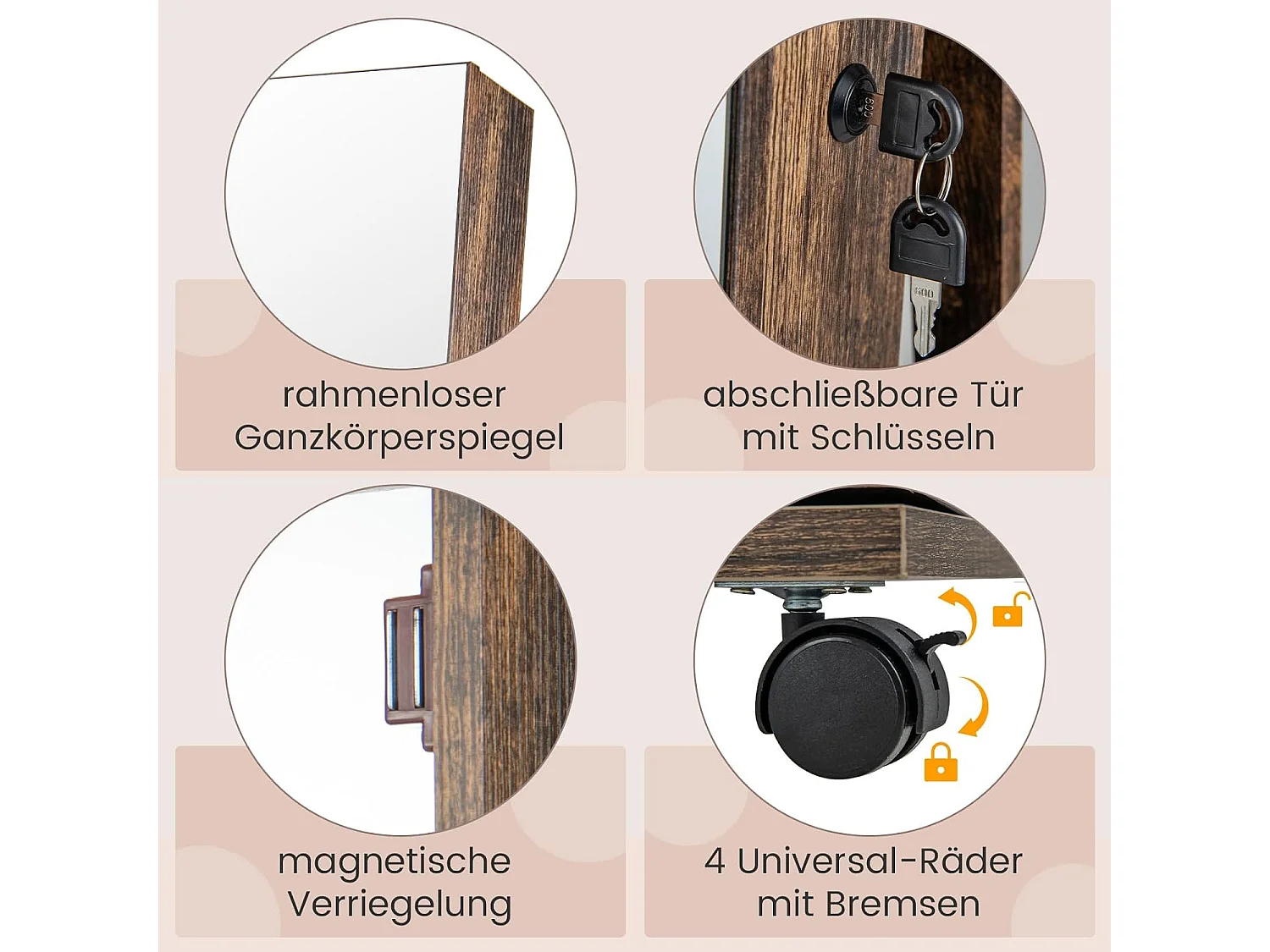 Sieradenkast met wieltjes, spiegelkast, afsluitbaar met ledlampen en verstelbare planken, staande spiegel, sieradenrek,voor kettingen,make-up, rustiek bruinVH33467