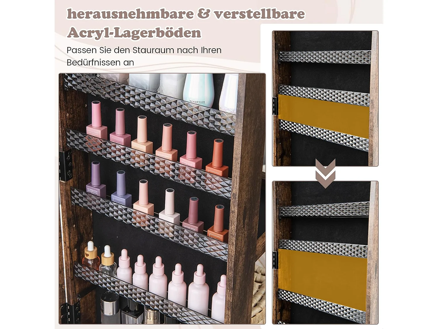 Sieradenkast met wieltjes, spiegelkast, afsluitbaar met ledlampen en verstelbare planken, staande spiegel, sieradenrek,voor kettingen,make-up, rustiek bruinVH33467