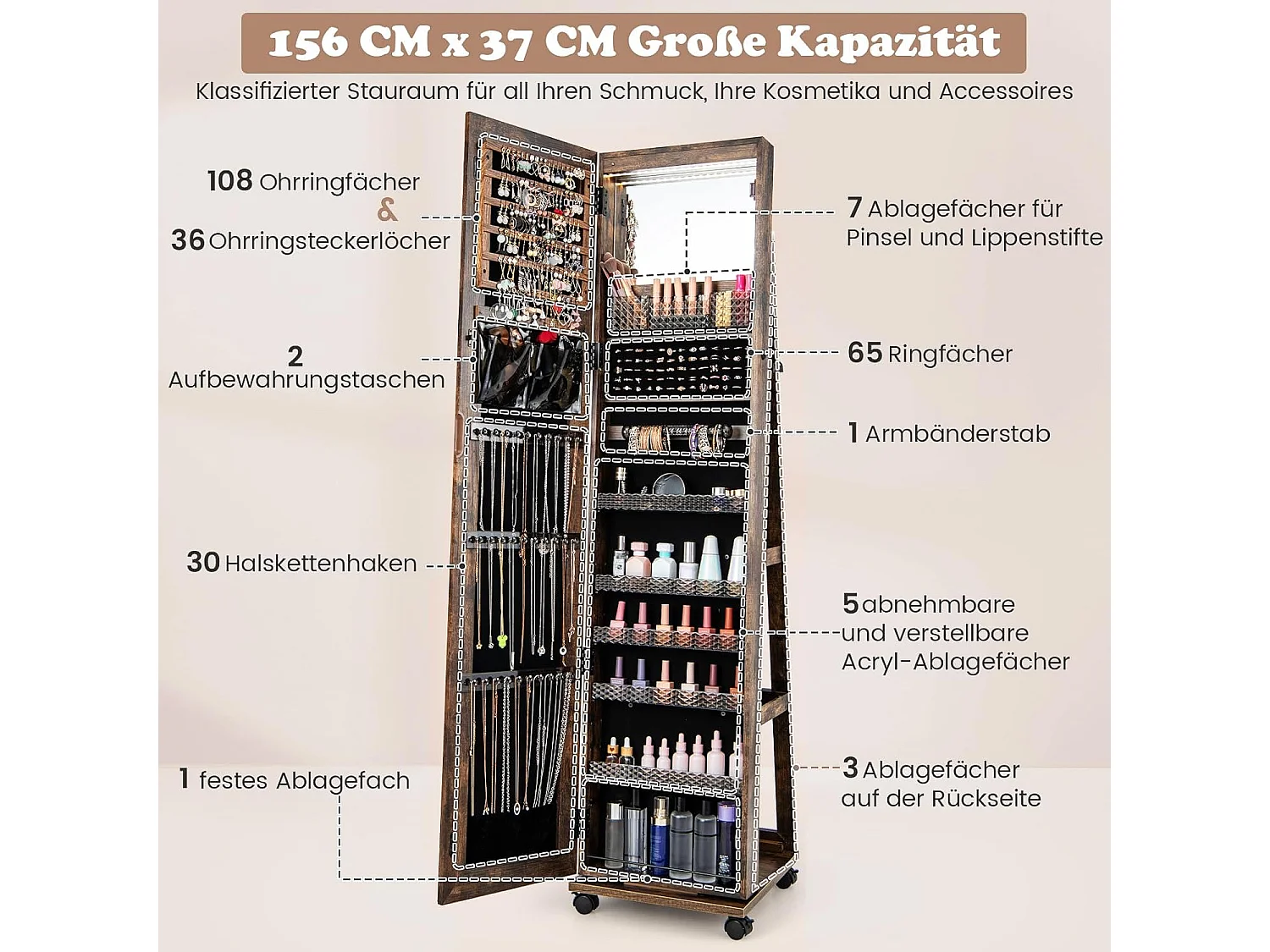 Sieradenkast met wieltjes, spiegelkast, afsluitbaar met ledlampen en verstelbare planken, staande spiegel, sieradenrek,voor kettingen,make-up, rustiek bruinVH33467