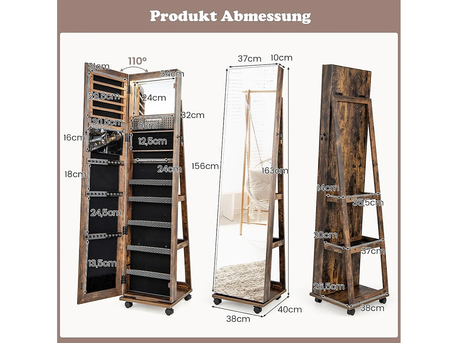 Sieradenkast met wieltjes, spiegelkast, afsluitbaar met ledlampen en verstelbare planken, staande spiegel, sieradenrek,voor kettingen,make-up, rustiek bruinVH33467