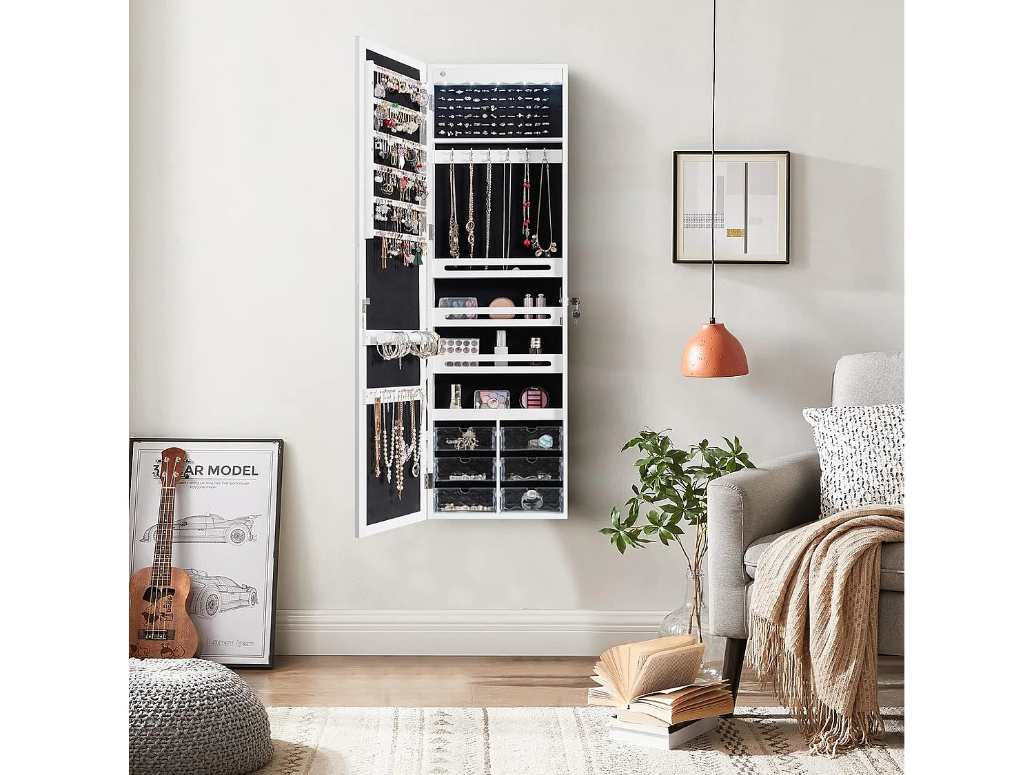 Hangende sieradenkast, simpelkast met ledverlichting,hangkast voor deur- en wandmontage, sieradenkast voor het opbergen van sieraden en cosmetica, witTI85214