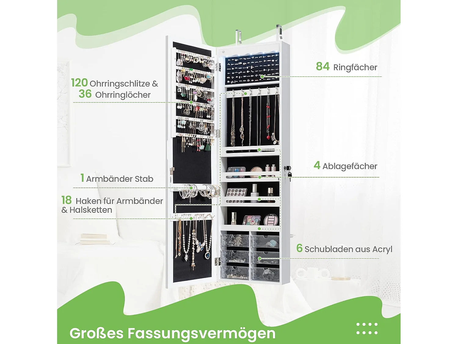 Hangende sieradenkast, simpelkast met ledverlichting,hangkast voor deur- en wandmontage, sieradenkast voor het opbergen van sieraden en cosmetica, witTI85214