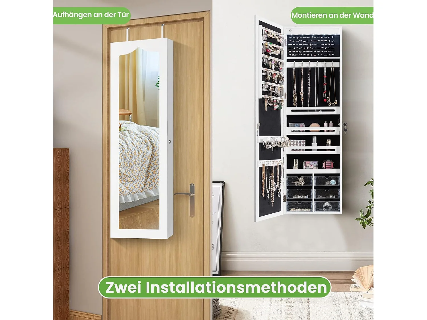 Hangende sieradenkast, simpelkast met ledverlichting,hangkast voor deur- en wandmontage, sieradenkast voor het opbergen van sieraden en cosmetica, witTI85214