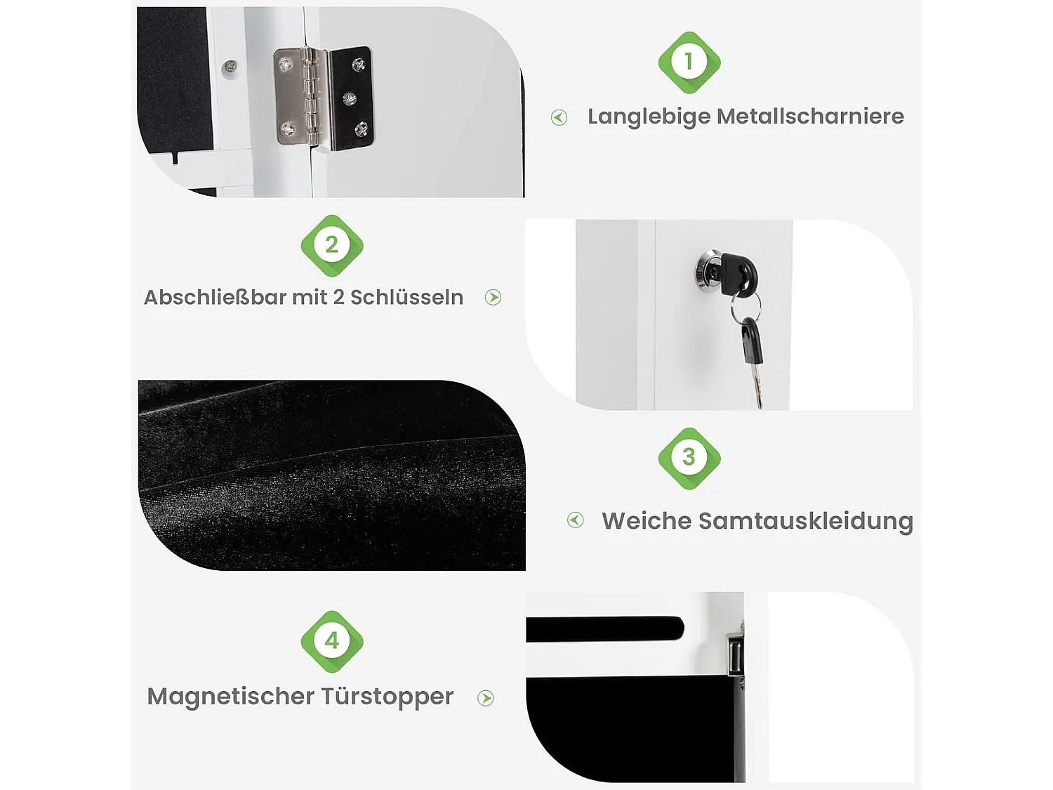 Hangende sieradenkast, simpelkast met ledverlichting,hangkast voor deur- en wandmontage, sieradenkast voor het opbergen van sieraden en cosmetica, witTI85214