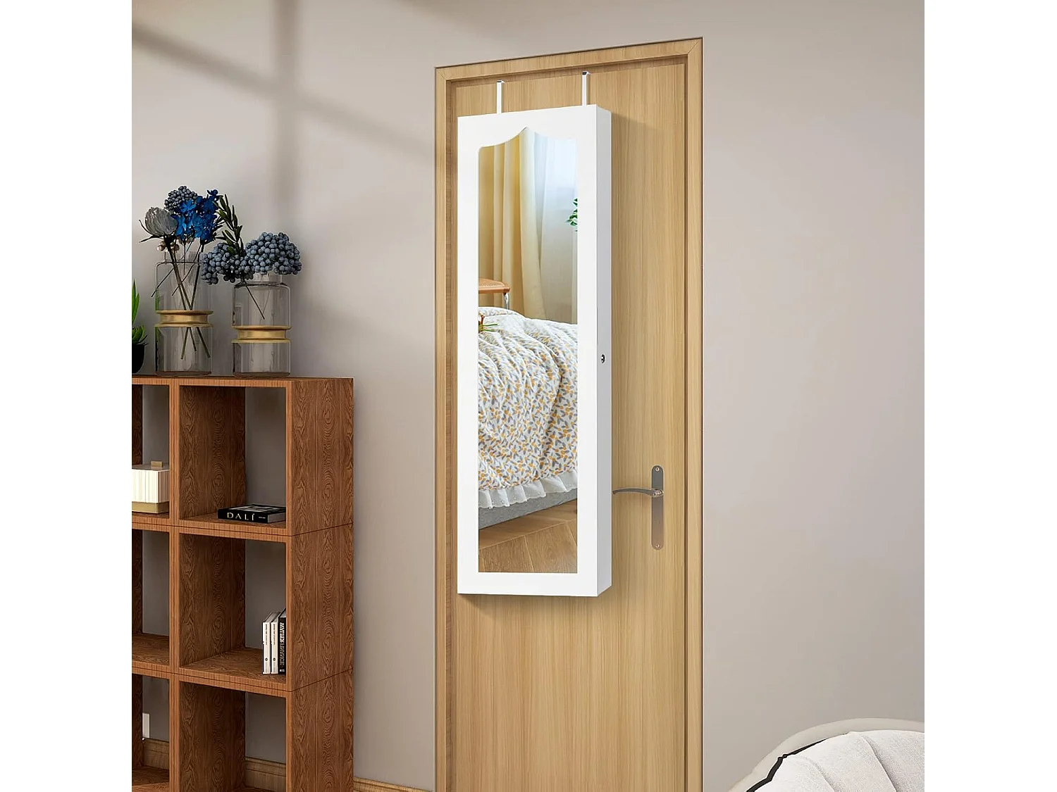 Hangende sieradenkast, simpelkast met ledverlichting,hangkast voor deur- en wandmontage, sieradenkast voor het opbergen van sieraden en cosmetica, witTI85214