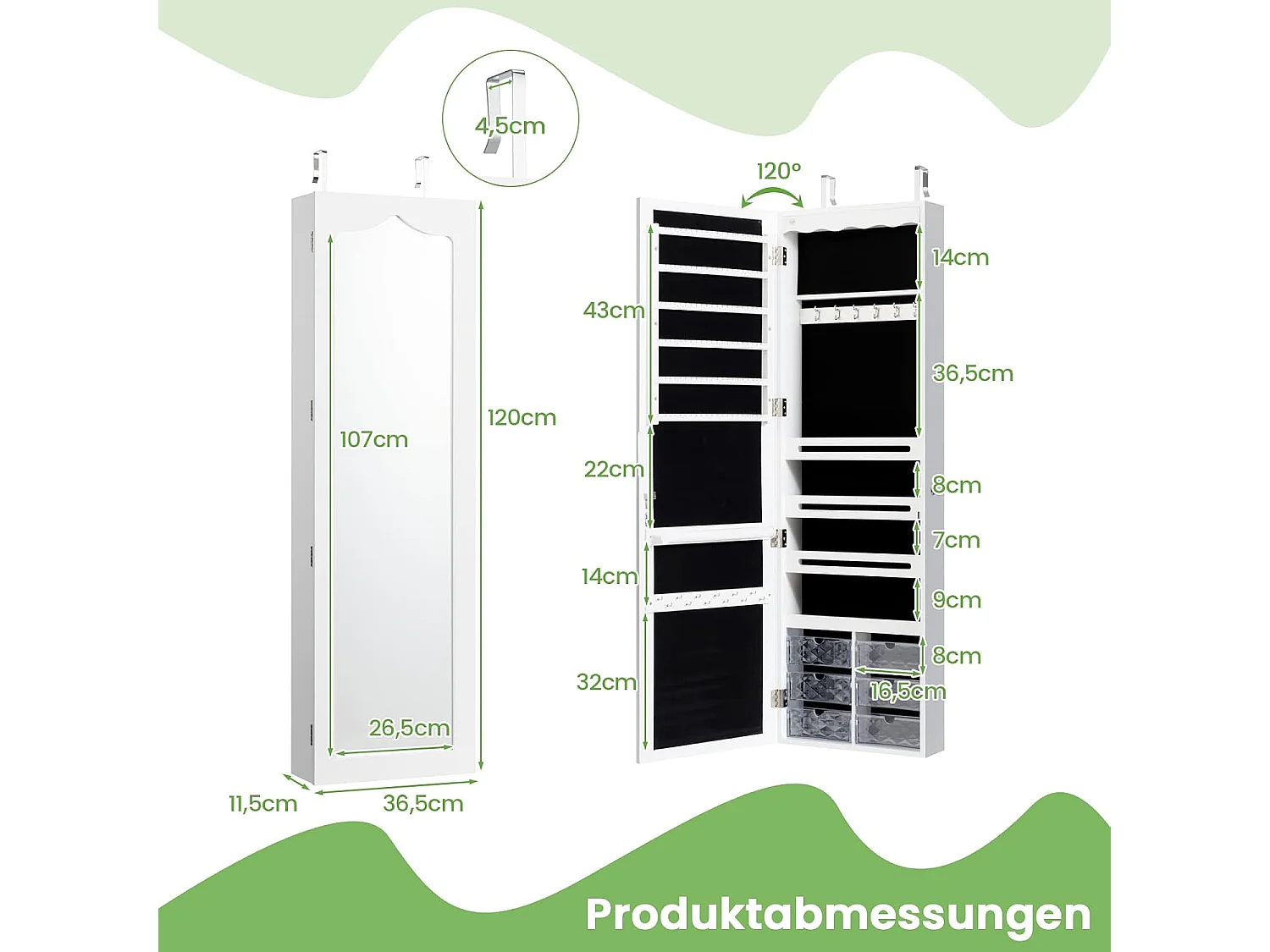 Hangende sieradenkast, simpelkast met ledverlichting,hangkast voor deur- en wandmontage, sieradenkast voor het opbergen van sieraden en cosmetica, witTI85214