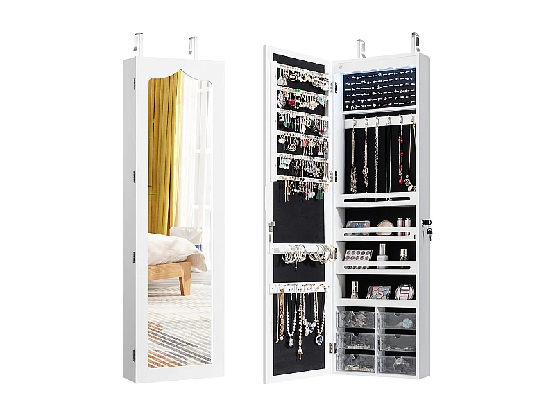 Hangende sieradenkast, simpelkast met ledverlichting,hangkast voor deur- en wandmontage, sieradenkast voor het opbergen van sieraden en cosmetica, witTI85214