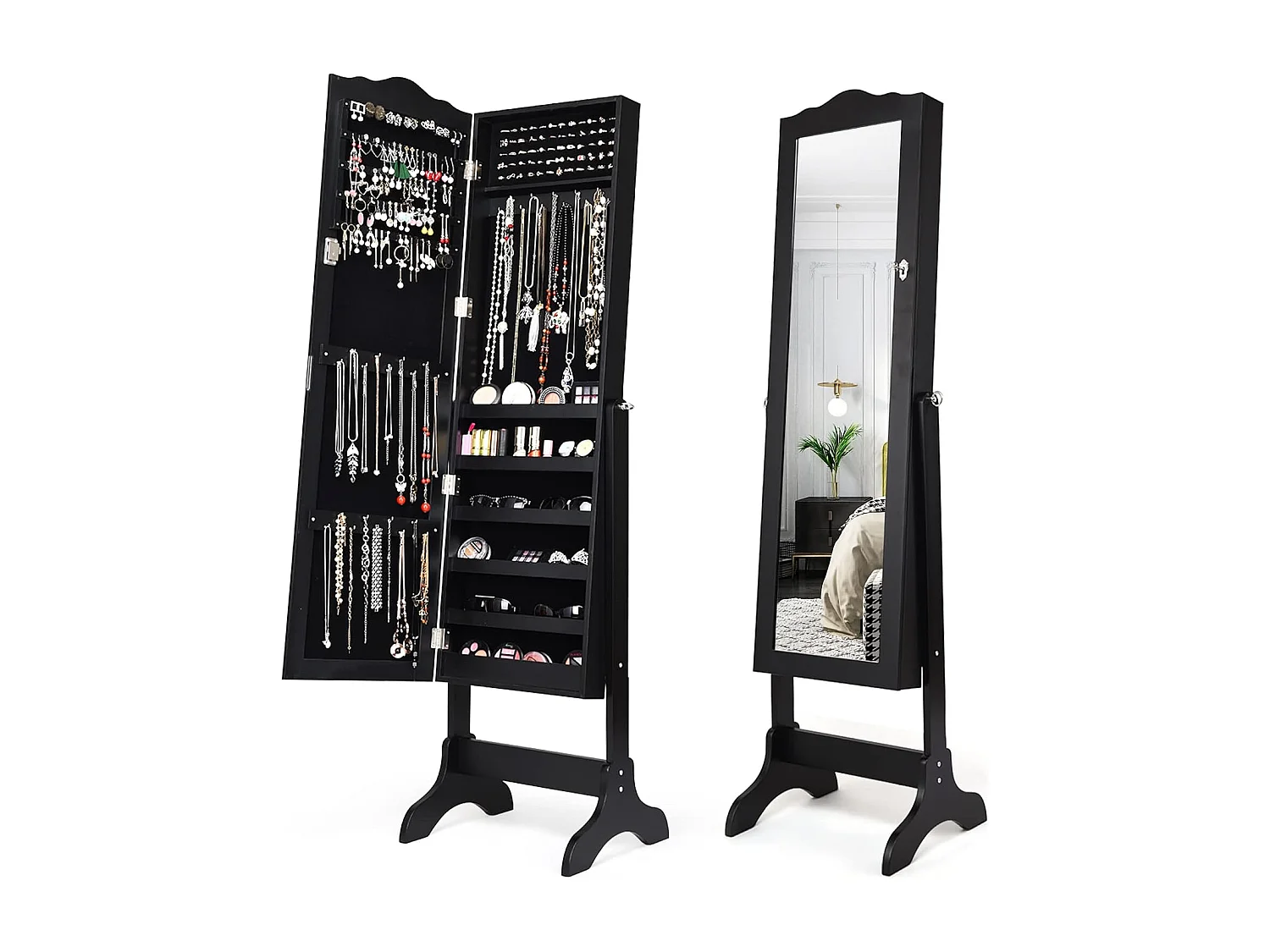 Sieradenkast, sieradenrek, afsluitbaar, spiegelkast met full-body spiegel voor make-up, kantelbaar (zwart)VH32996