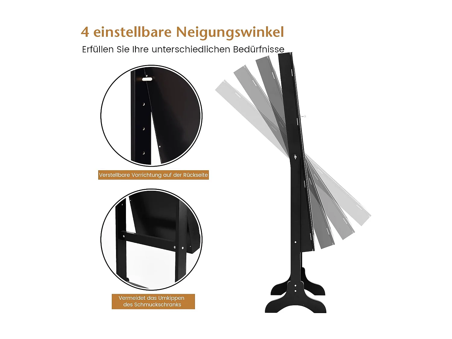 Sieradenkast, sieradenrek, afsluitbaar, spiegelkast met full-body spiegel voor make-up, kantelbaar (zwart)VH32996