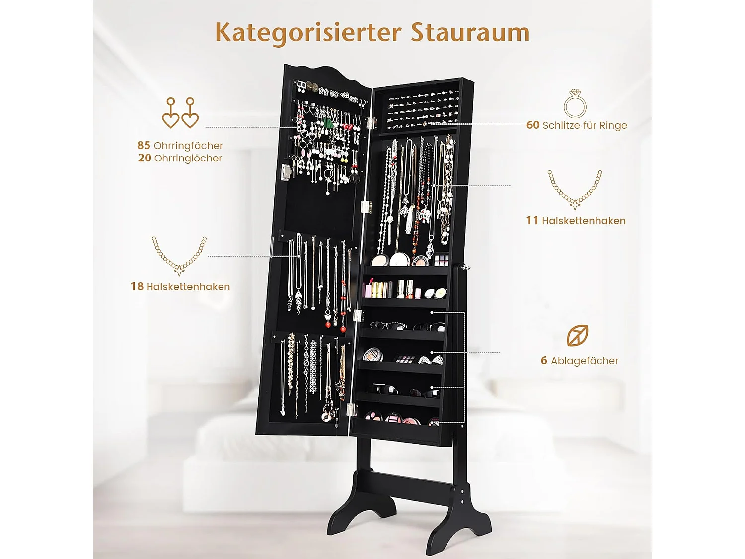 Sieradenkast, sieradenrek, afsluitbaar, spiegelkast met full-body spiegel voor make-up, kantelbaar (zwart)VH32996