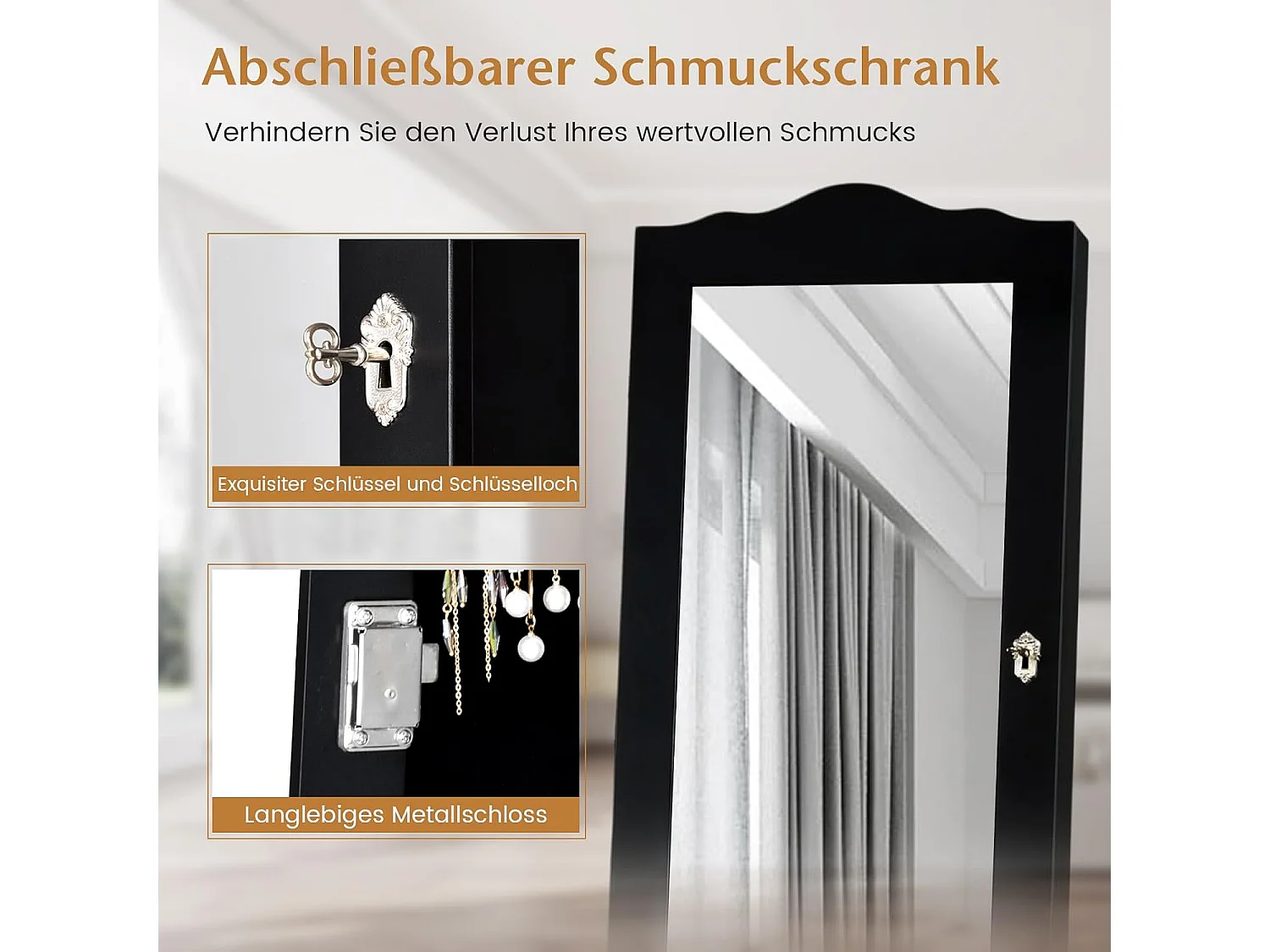 Sieradenkast, sieradenrek, afsluitbaar, spiegelkast met full-body spiegel voor make-up, kantelbaar (zwart)VH32996