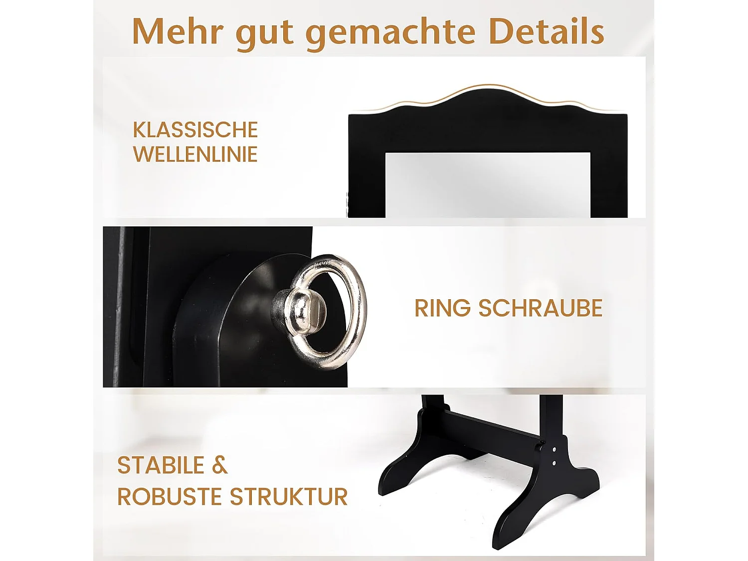 Sieradenkast, sieradenrek, afsluitbaar, spiegelkast met full-body spiegel voor make-up, kantelbaar (zwart)VH32996