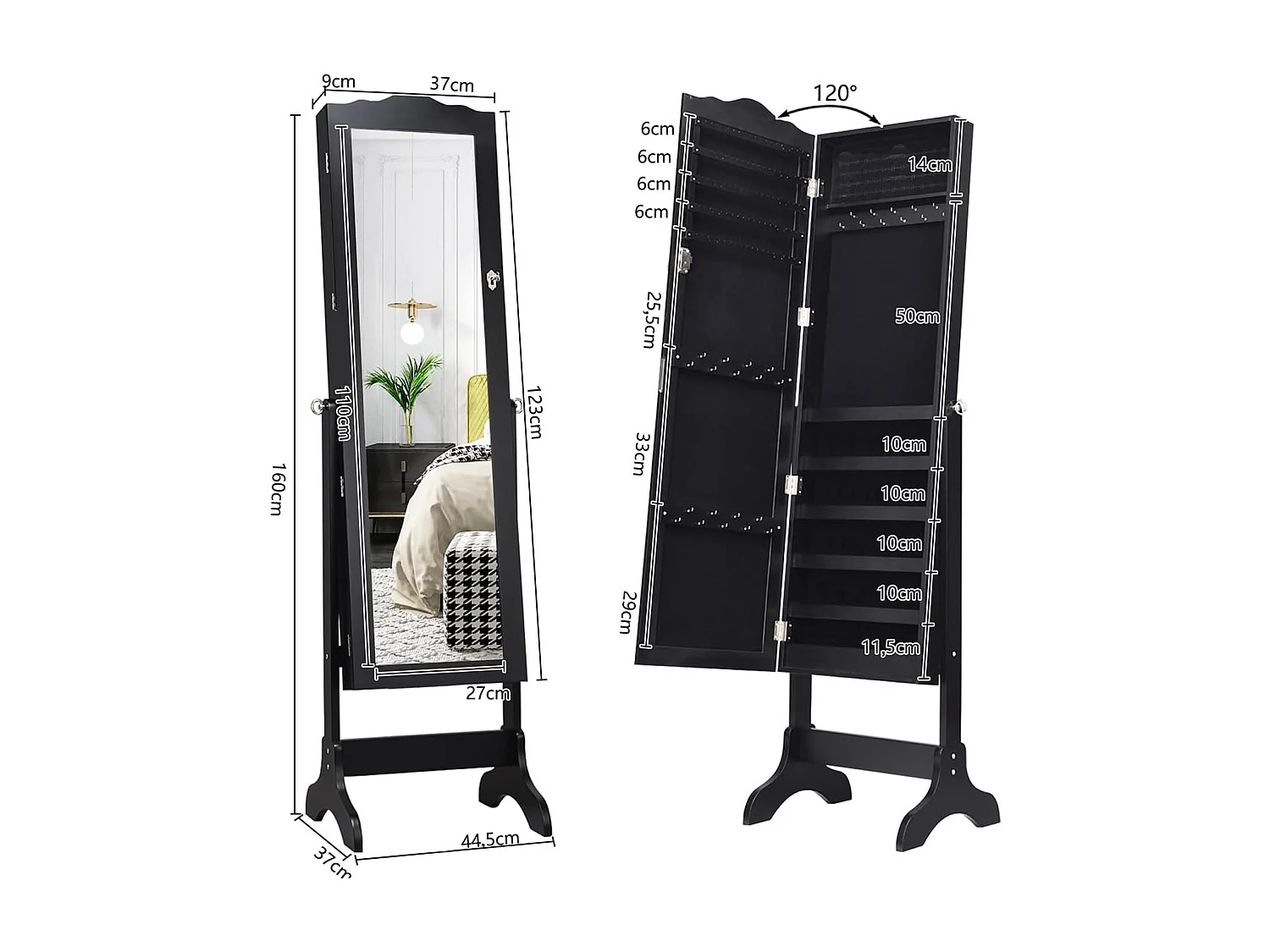 Sieradenkast, sieradenrek, afsluitbaar, spiegelkast met full-body spiegel voor make-up, kantelbaar (zwart)VH32996