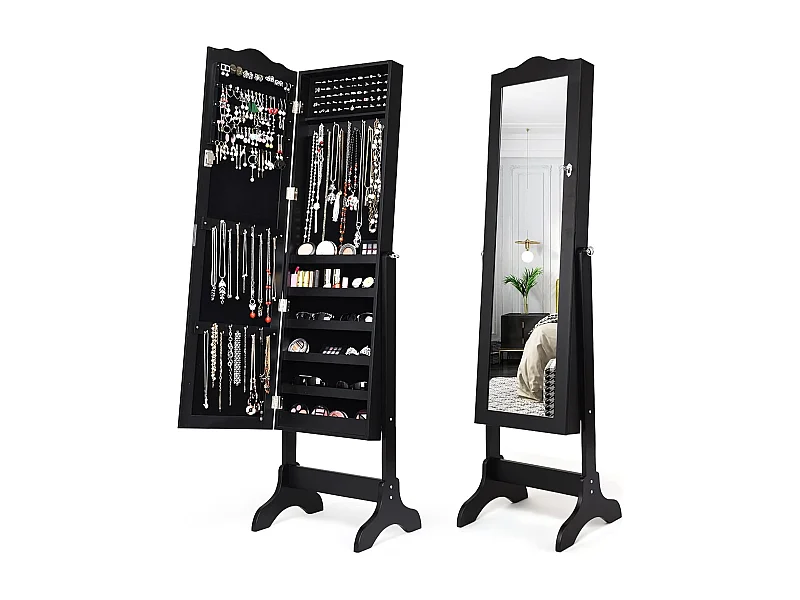 Sieradenkast, sieradenrek, afsluitbaar, spiegelkast met full-body spiegel voor make-up, kantelbaar (zwart)VH32996