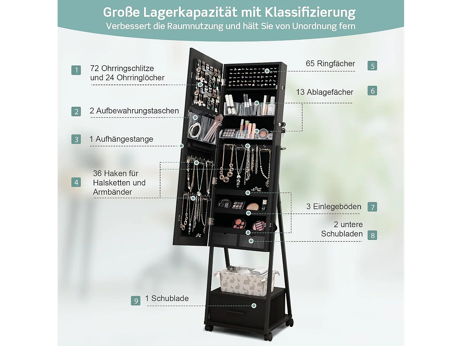 Sieradenkast met spiegel, sieradenspiegelkast met lade, op wieltjes, afsluitbaar, vrijstaand, 42 x 38 x 157 cm (zwart)VH32443