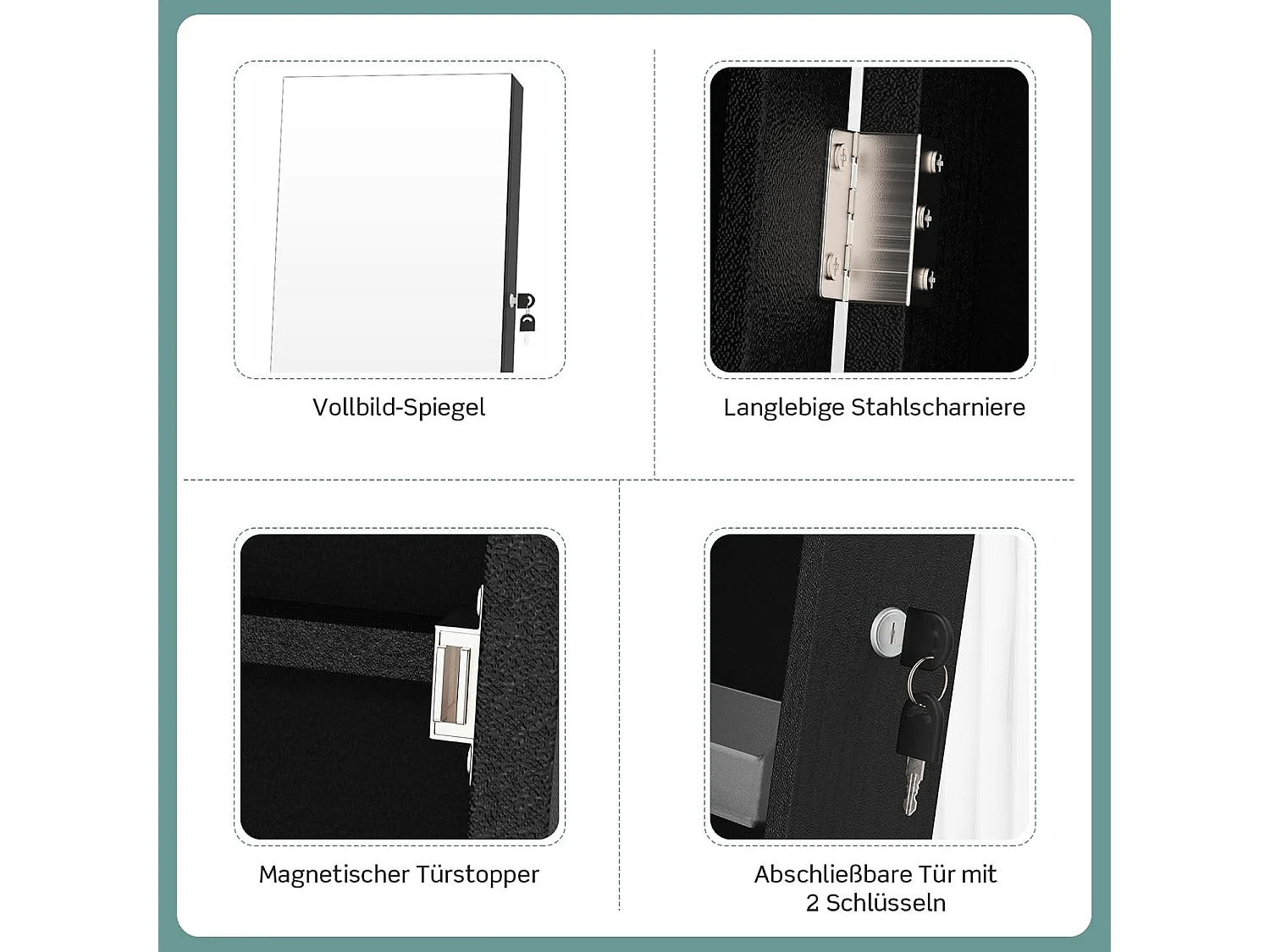 Sieradenkast met spiegel, sieradenspiegelkast met lade, op wieltjes, afsluitbaar, vrijstaand, 42 x 38 x 157 cm (zwart)VH32443