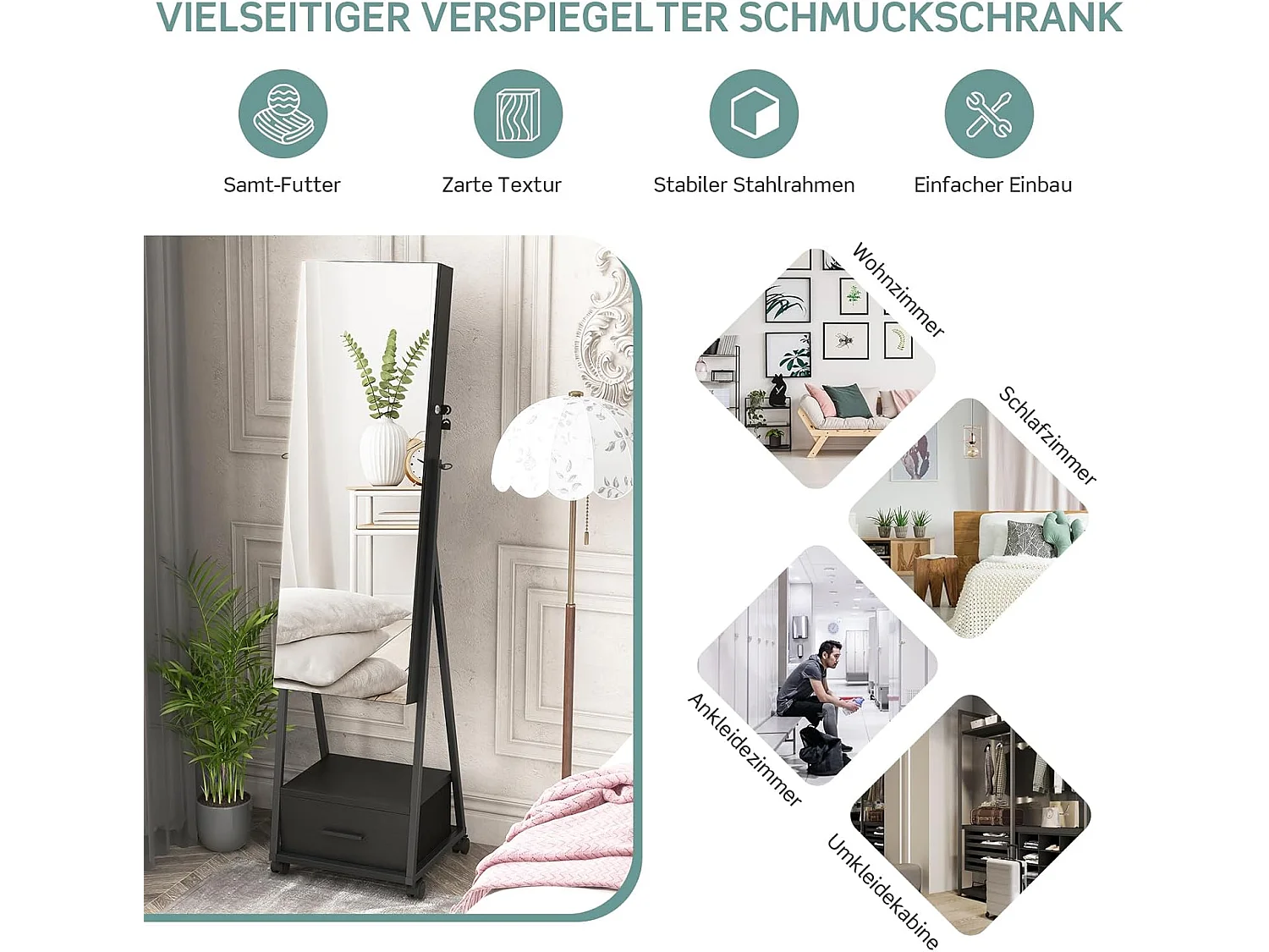 Sieradenkast met spiegel, sieradenspiegelkast met lade, op wieltjes, afsluitbaar, vrijstaand, 42 x 38 x 157 cm (zwart)VH32443