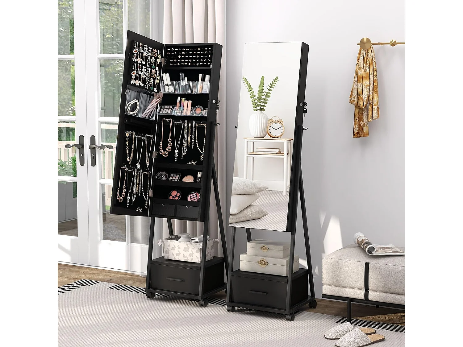 Sieradenkast met spiegel, sieradenspiegelkast met lade, op wieltjes, afsluitbaar, vrijstaand, 42 x 38 x 157 cm (zwart)VH32443