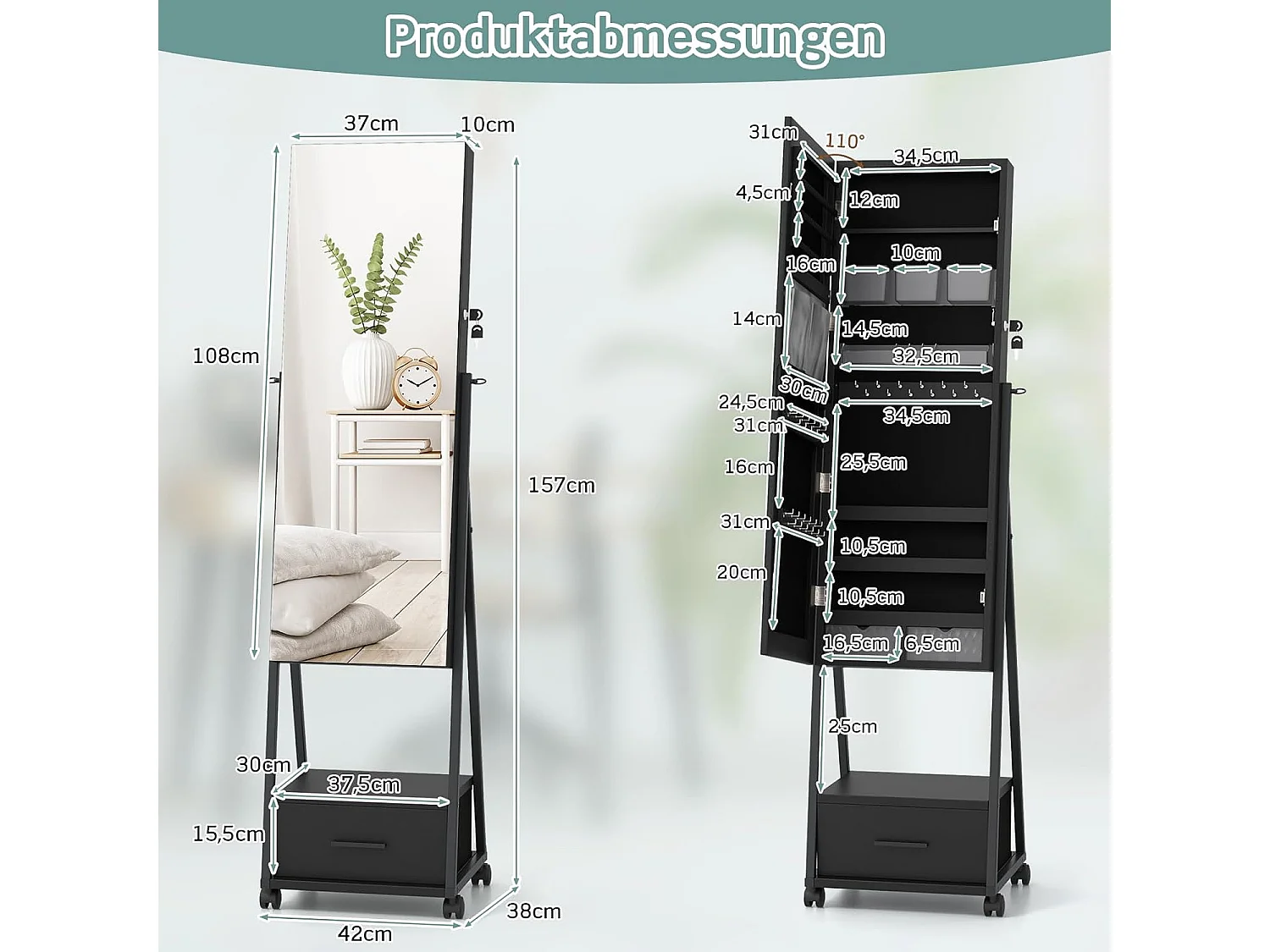 Sieradenkast met spiegel, sieradenspiegelkast met lade, op wieltjes, afsluitbaar, vrijstaand, 42 x 38 x 157 cm (zwart)VH32443
