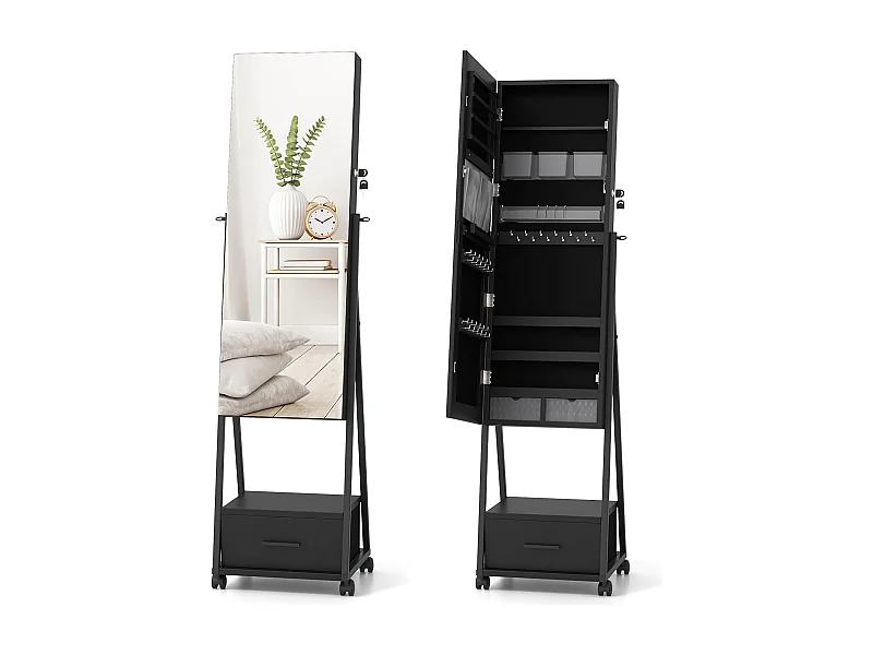 Sieradenkast met spiegel, sieradenspiegelkast met lade, op wieltjes, afsluitbaar, vrijstaand, 42 x 38 x 157 cm (zwart)VH32443