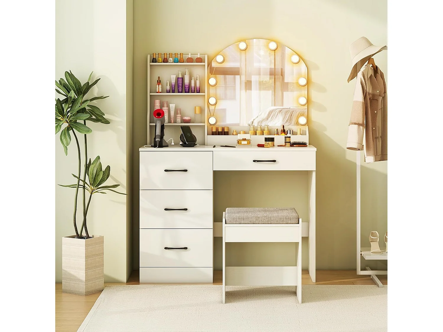 Make-uptafel met ledverlichting, 3 kleuren met instelbare helderheid, kaptafel met laadstation, kruk, spiegel, 4 laden & open planken, cosmeticatafel, witTG32199