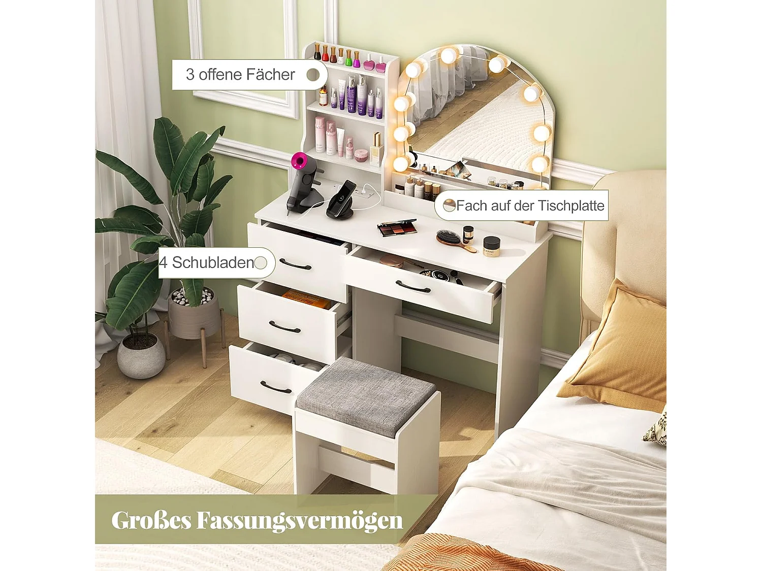 Make-uptafel met ledverlichting, 3 kleuren met instelbare helderheid, kaptafel met laadstation, kruk, spiegel, 4 laden & open planken, cosmeticatafel, witTG32199