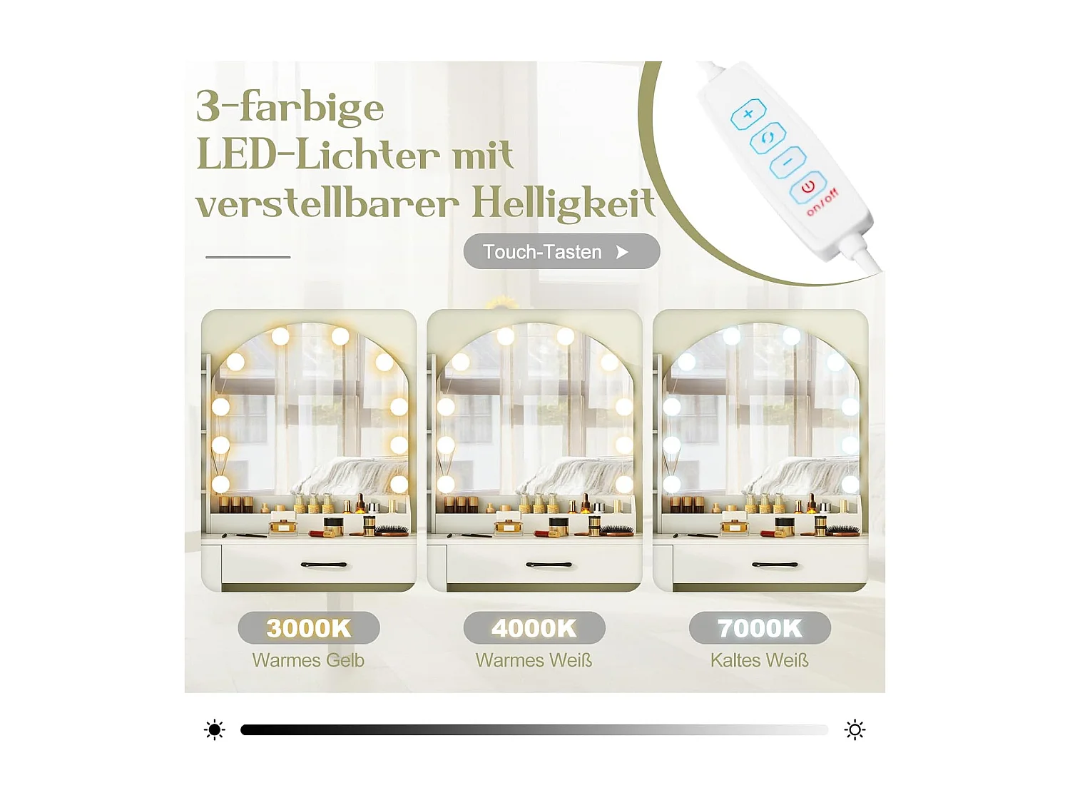 Make-uptafel met ledverlichting, 3 kleuren met instelbare helderheid, kaptafel met laadstation, kruk, spiegel, 4 laden & open planken, cosmeticatafel, witTG32199